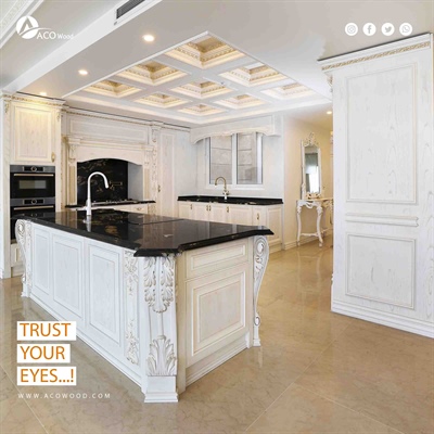 پروژه کابینت کلاسیک روکش چوب سفید پتینه طلایی صفحه سنگ